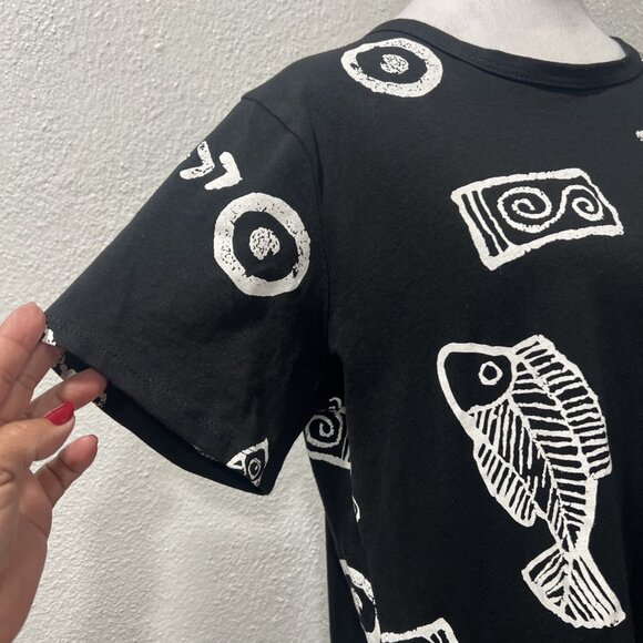 Kisses Hugs Black Knit Shirt Dress Size L Short Slvs. Fish Sea Nautical Pattern - Picture 4 of 10